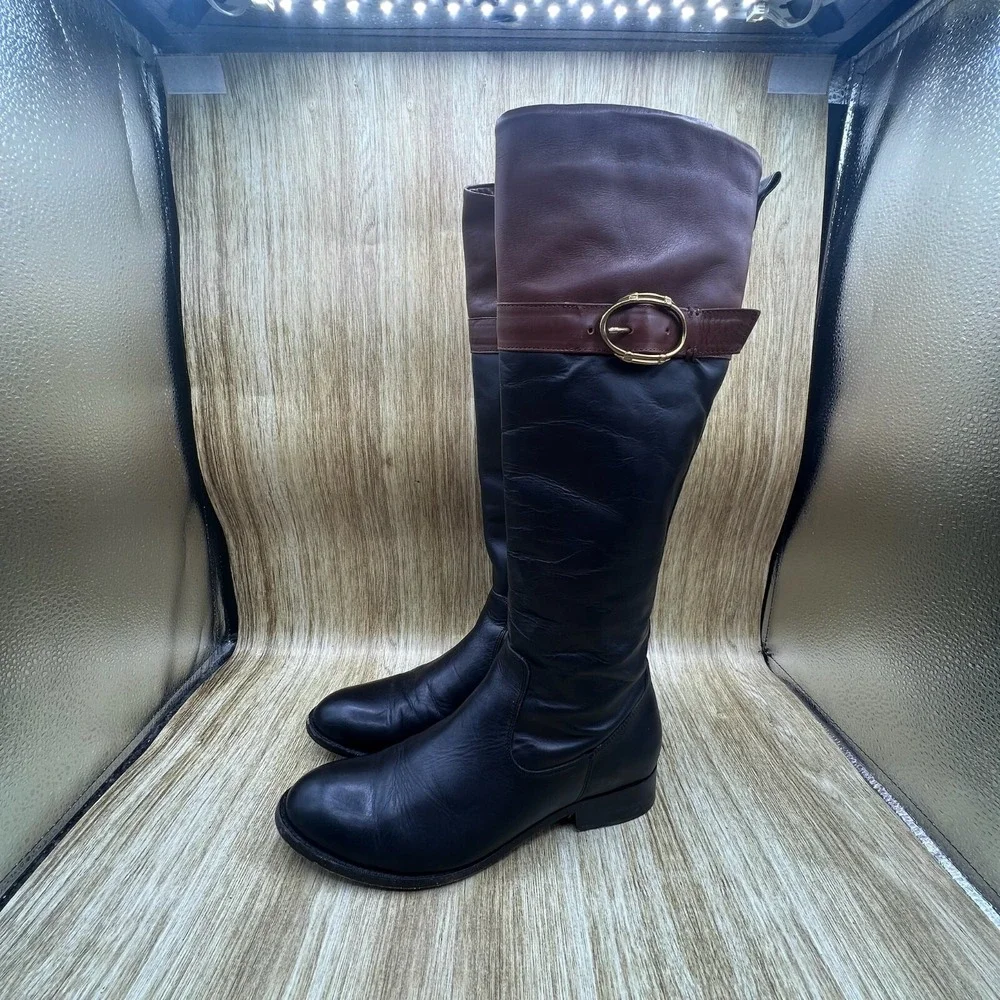 Johnston & Murphy Riding Boots Women's 8.5 M Black Brown Leather Two Tone Buckle